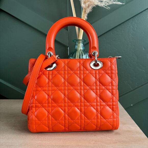 129 CHRISTIAN DIOR LADY ORANGE MEDIUM SHOULDER BAG SILVER HW - Picture 3 of 3